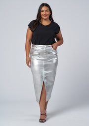 Peaches Silver Denim Midi Skirt