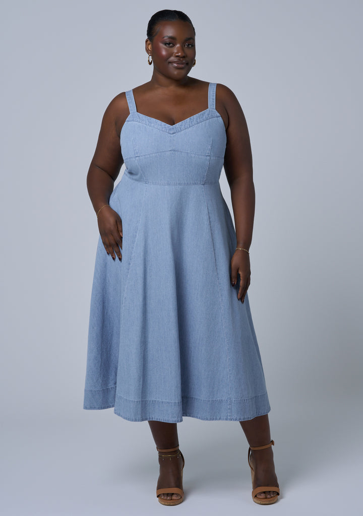 Buy Miki Denim Flared Midi Dress by INDIGO TONIC online - Curve Project Buy Miki Denim Flared Midi Dress by INDIGO TONIC online - Curve Project