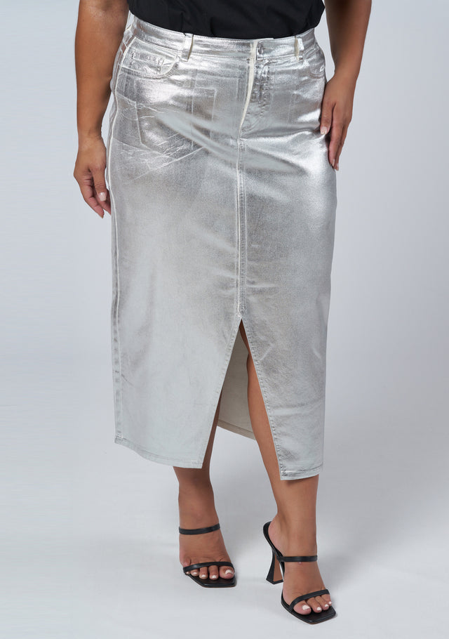 Peaches Silver Denim Midi Skirt