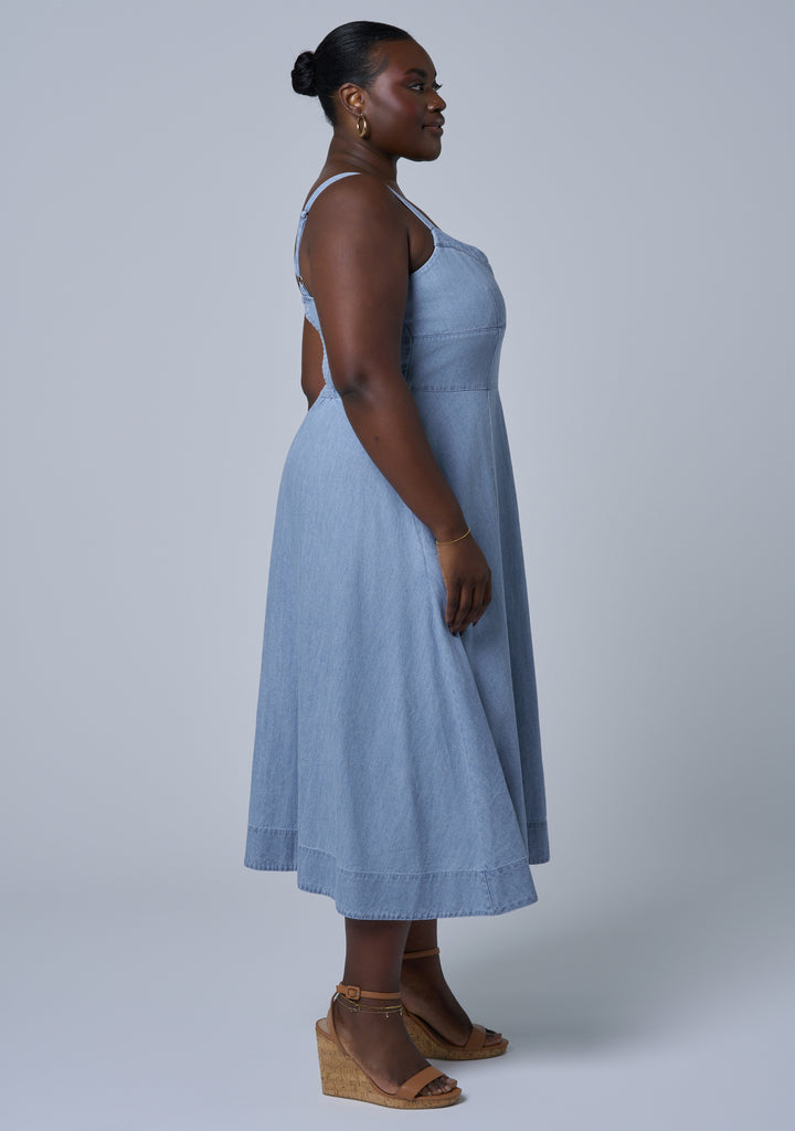 Buy Miki Denim Flared Midi Dress by INDIGO TONIC online - Curve Project Buy Miki Denim Flared Midi Dress by INDIGO TONIC online - Curve Project