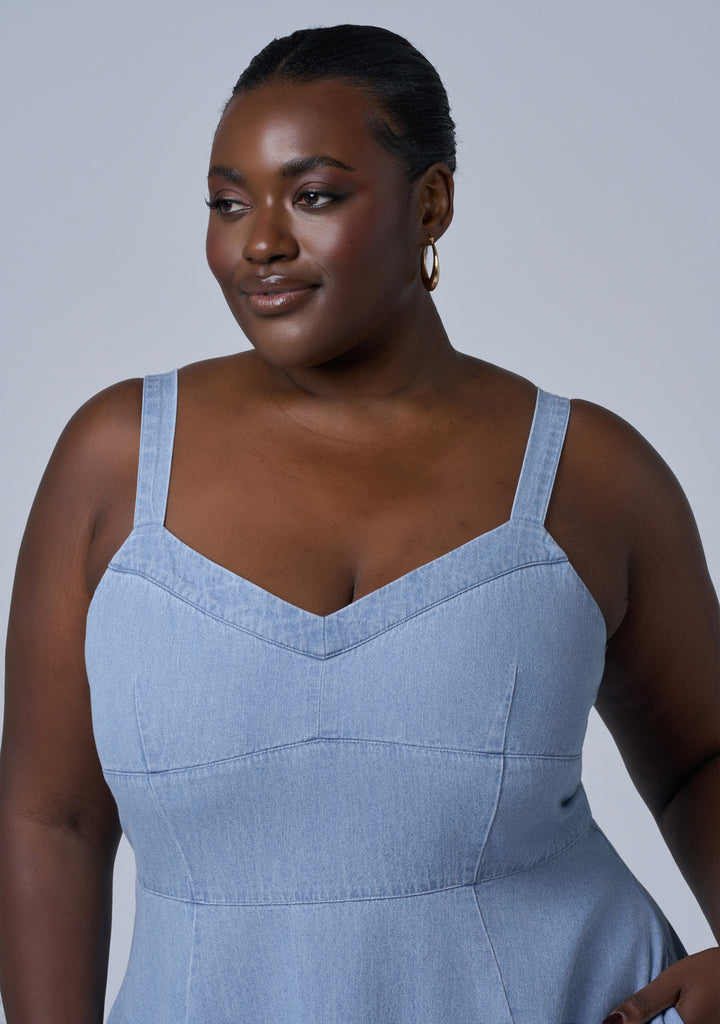 Buy Miki Denim Flared Midi Dress by INDIGO TONIC online - Curve Project Buy Miki Denim Flared Midi Dress by INDIGO TONIC online - Curve Project